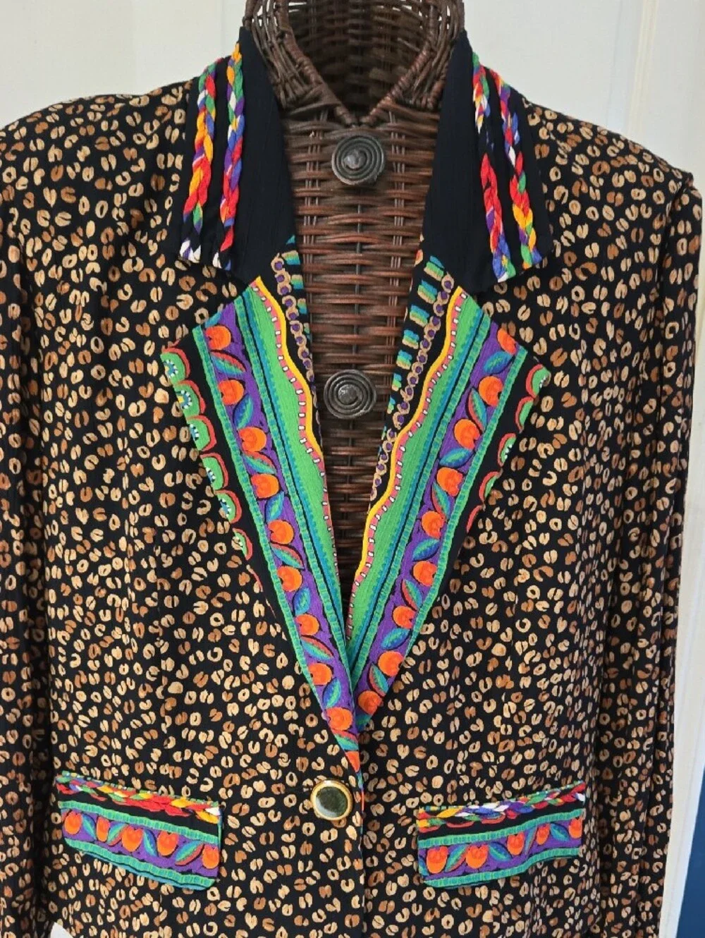 Carole Little Black Leopard Print Blazer with Colorful Embroidered Trim-Size 12 - Picture 11 of 13